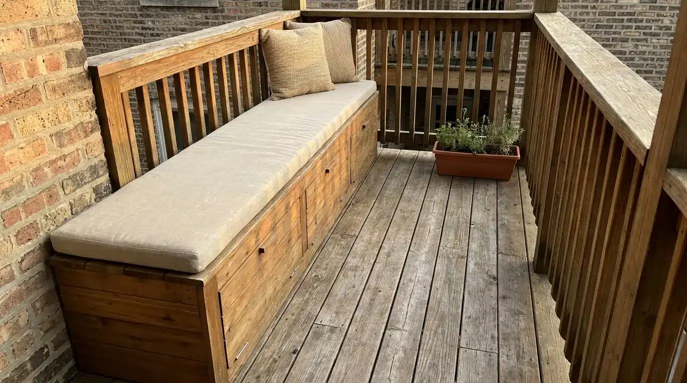 narrow small deck with built in bench along railing cushion pillows and clear walkway