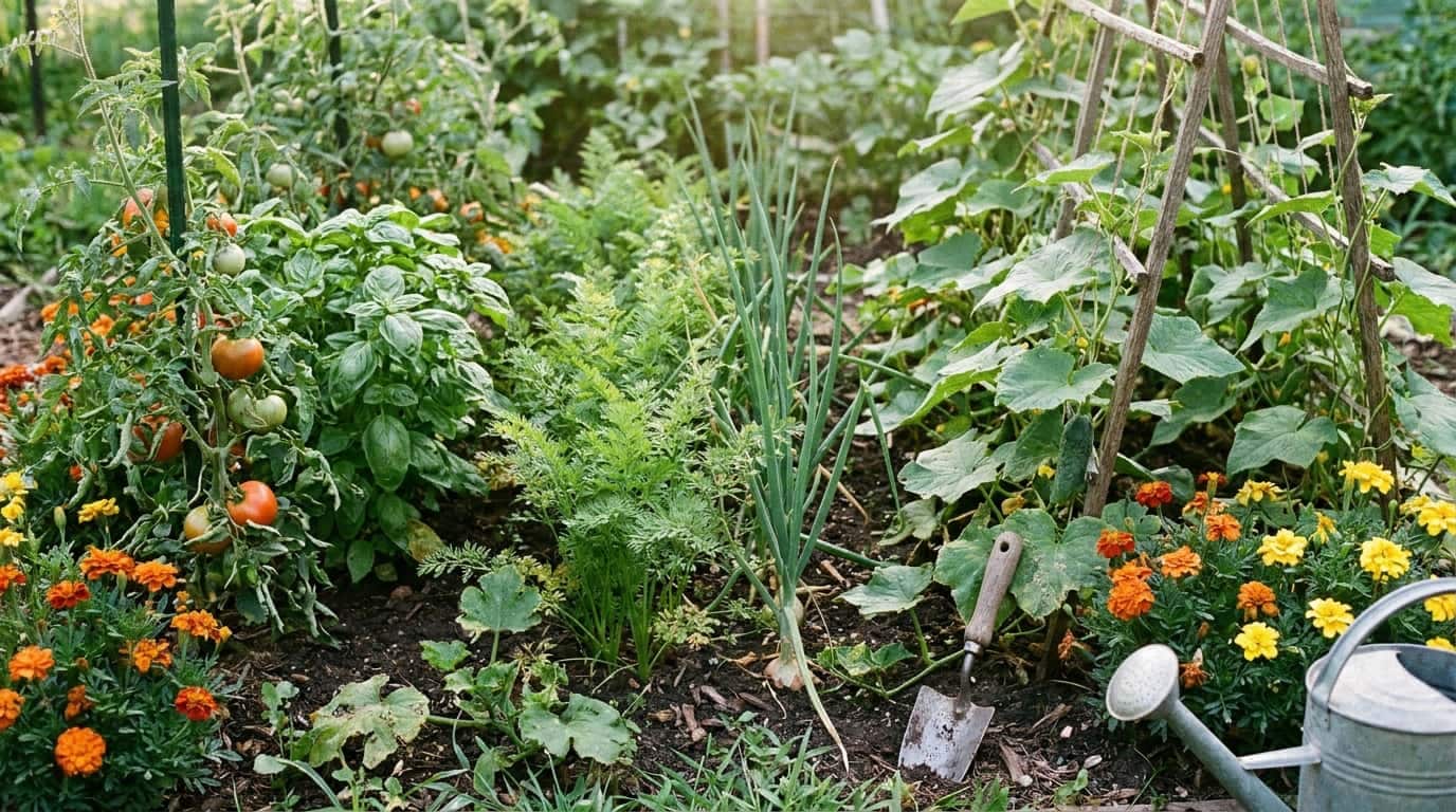 natural companion garden with tomatoes basil carrots onions cucumbers beans and marigolds (1)