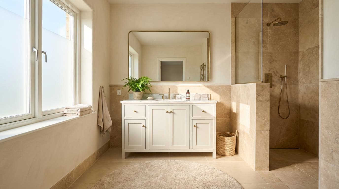 Natural Cream bathroom with warm stone tile brass mirror and beige floor