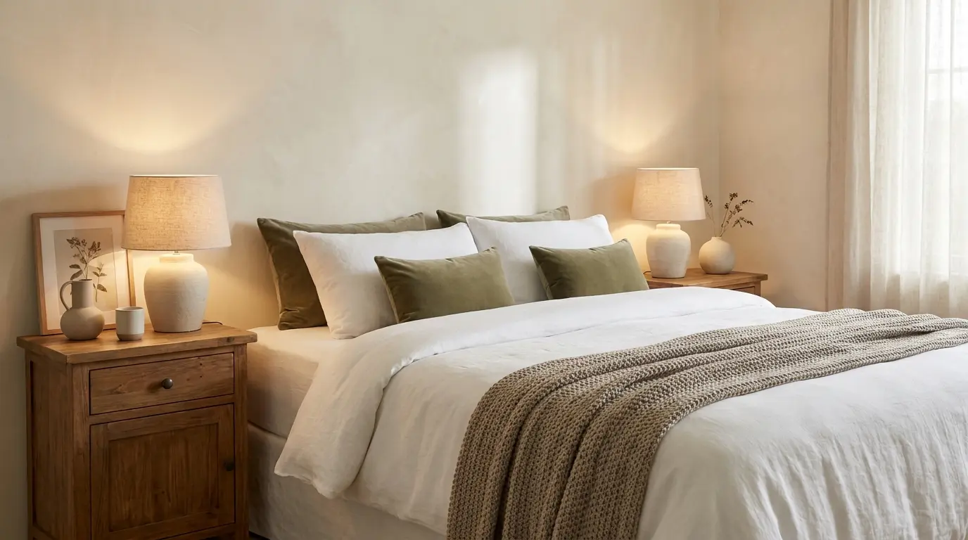 Natural Cream bedroom with white bedding taupe throw and warm wood accents