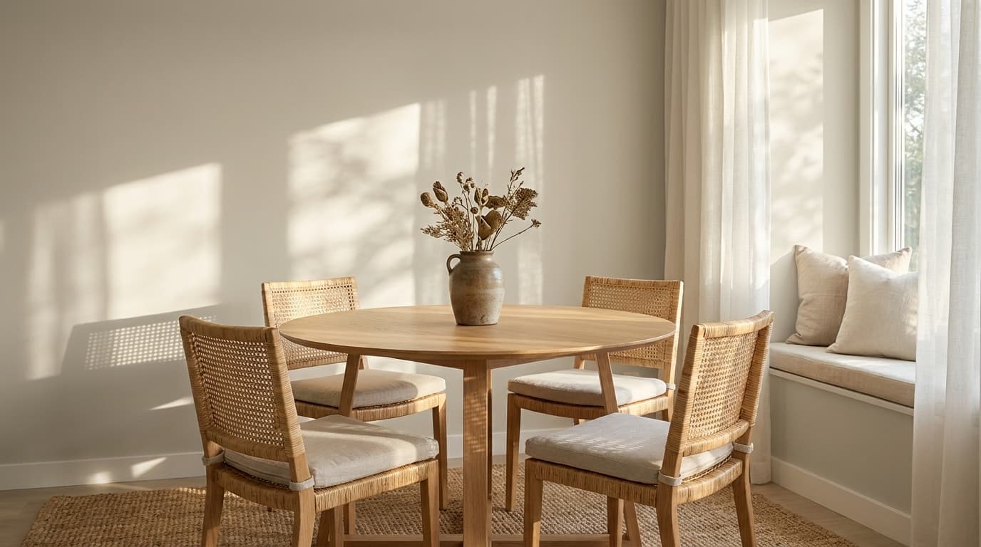 Natural Cream OC-14 in natural light with oak table and sheer curtains