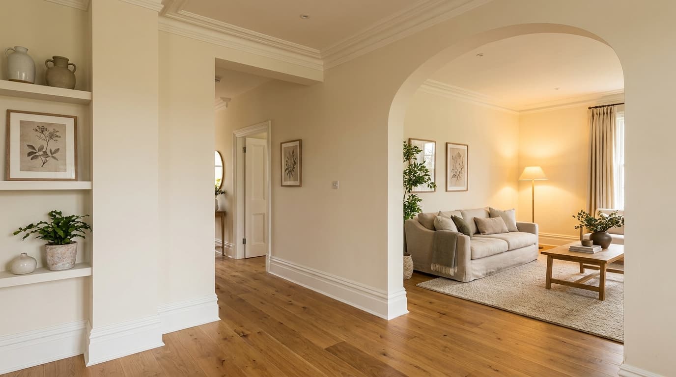 Natural Cream hallway with white trim oak floors and warm connected rooms