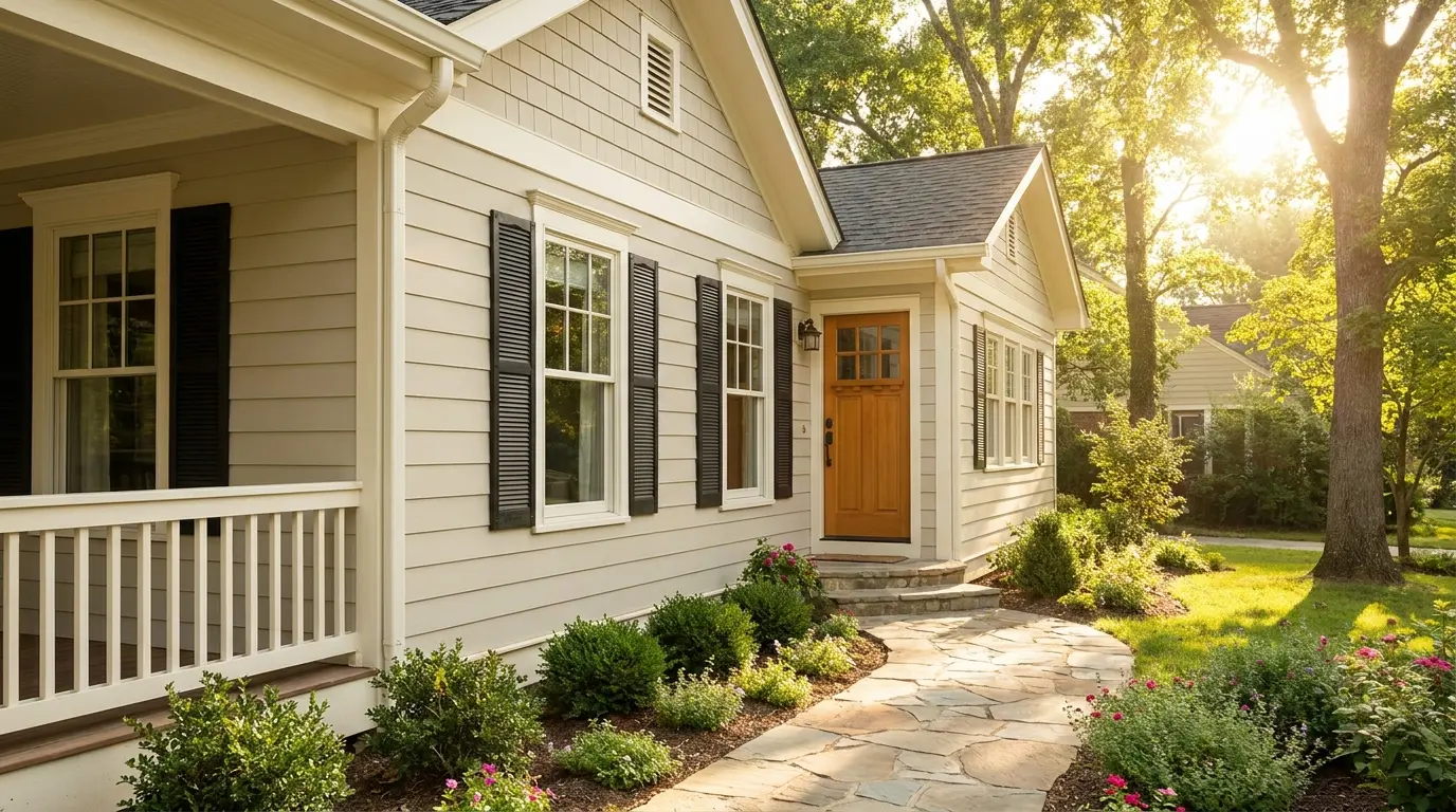Natural Cream exterior with black shutters wood door and stone walkway