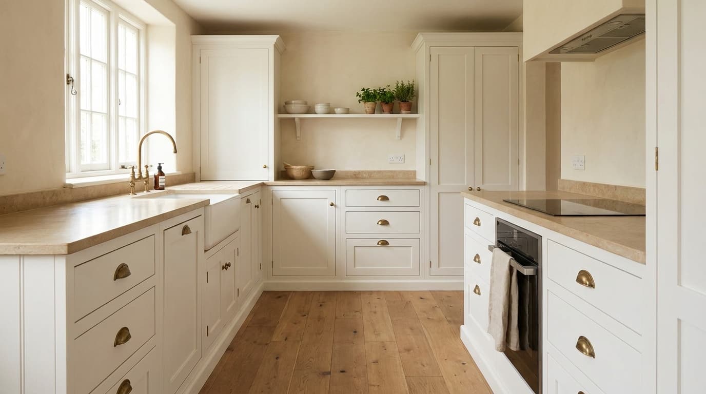 Natural Cream kitchen with white cabinets stone counters brass hardware and oak floor