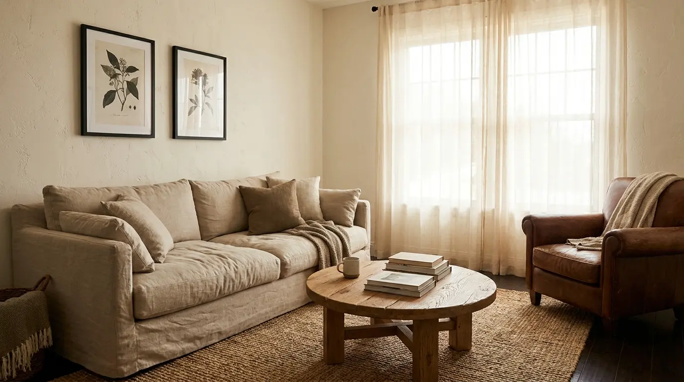 Natural Cream living room with linen sofa leather chair and oak table