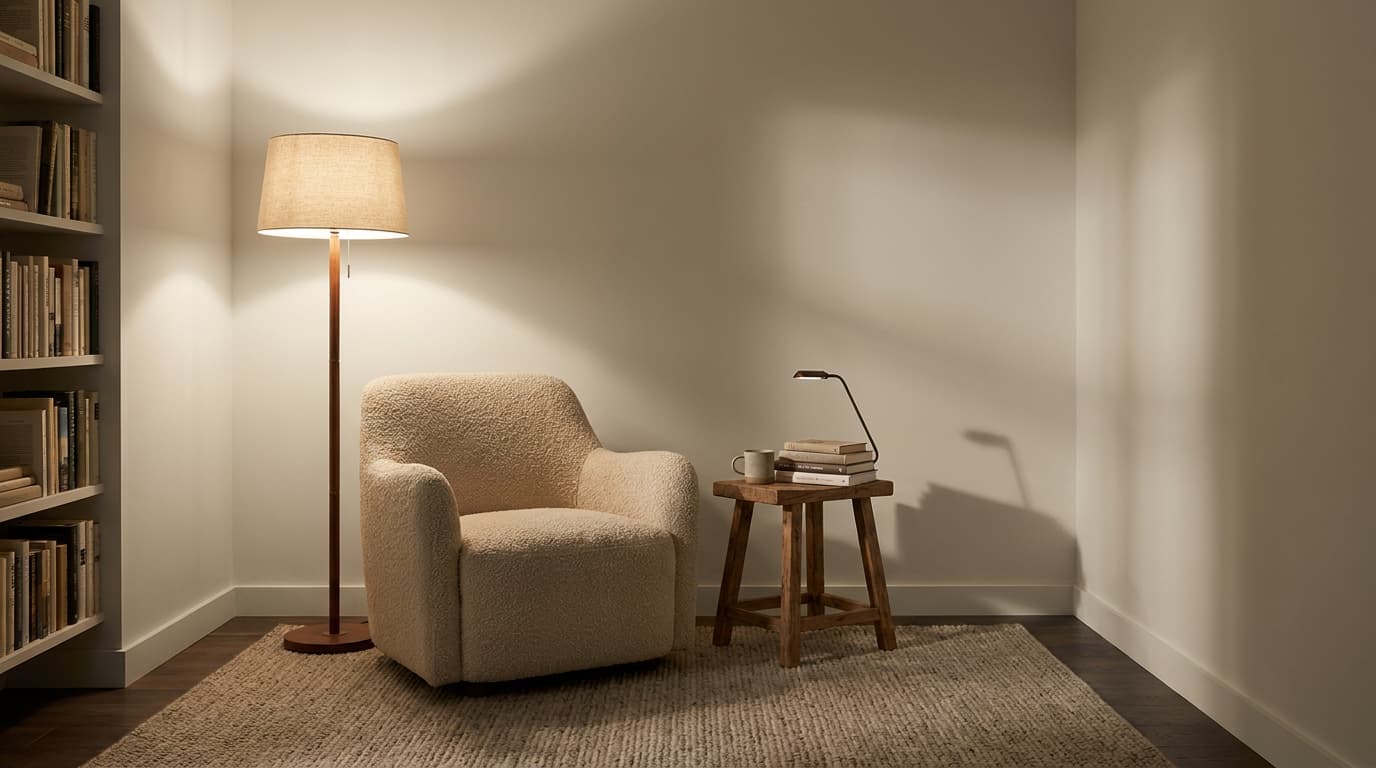 natural cream reading corner at night with warm lamp boucle chair and cozy greige shadows