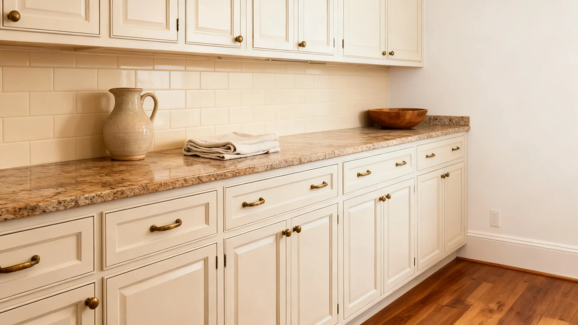 natural linen kitchen cabinets with warm stone counters, brass hardware, cream backsplash, and wood floors