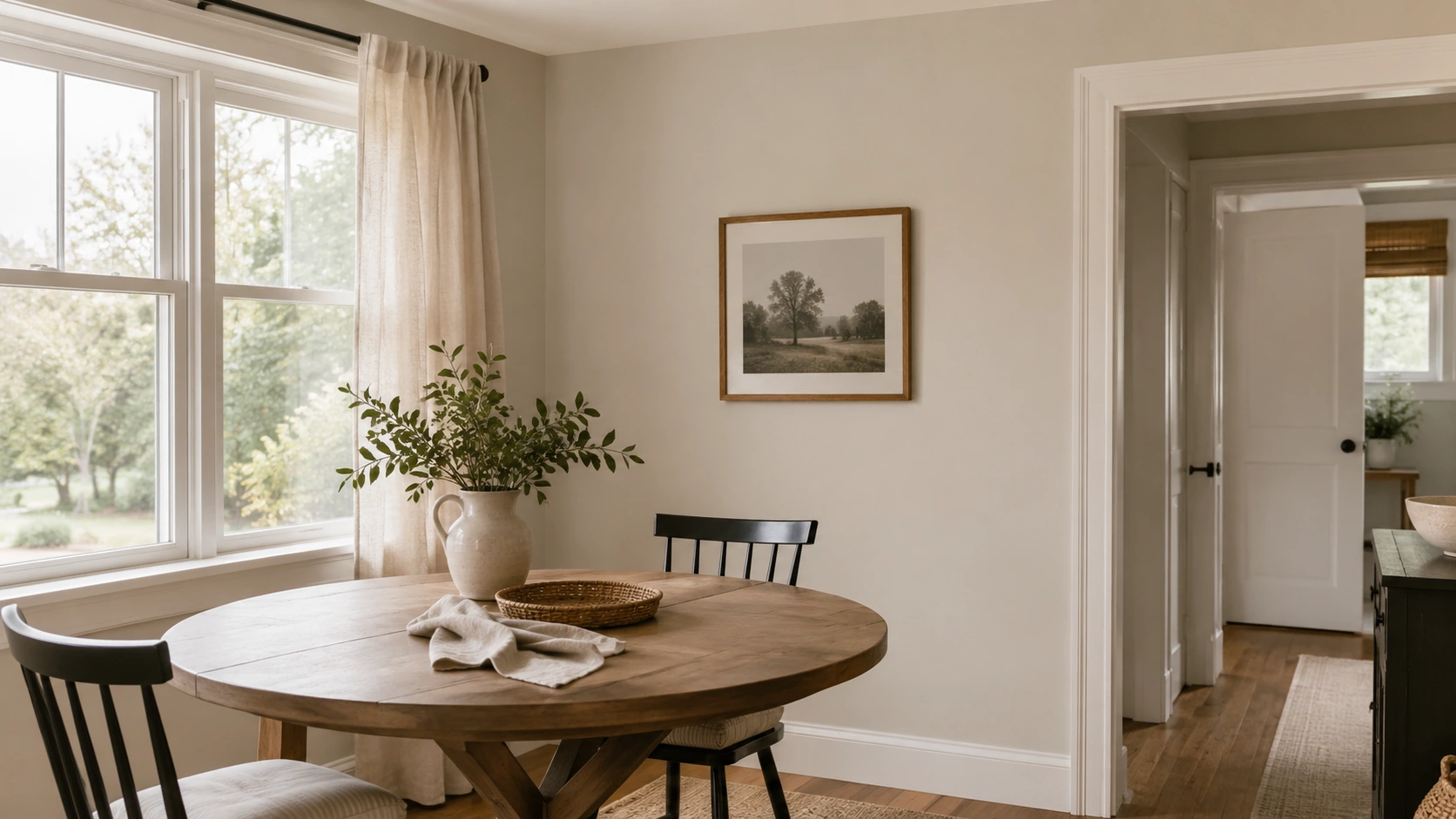 natural linen walls looking soft beige greige in calm natural daylight