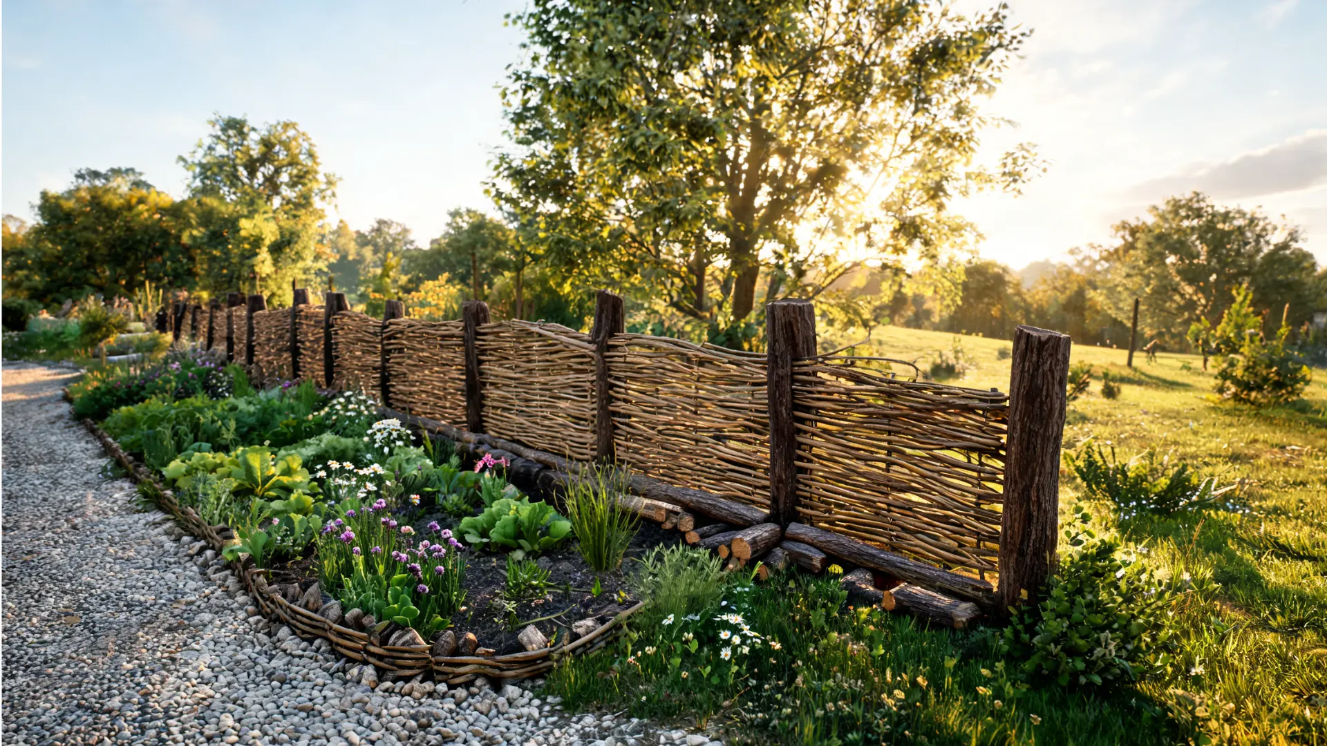 rustic natural fence with wattle, brush, split rail, and dry stone details in a homestead garden setting