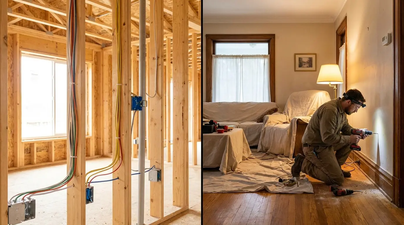 new construction framing beside finished living room showing the difference between wiring and rewiring costs