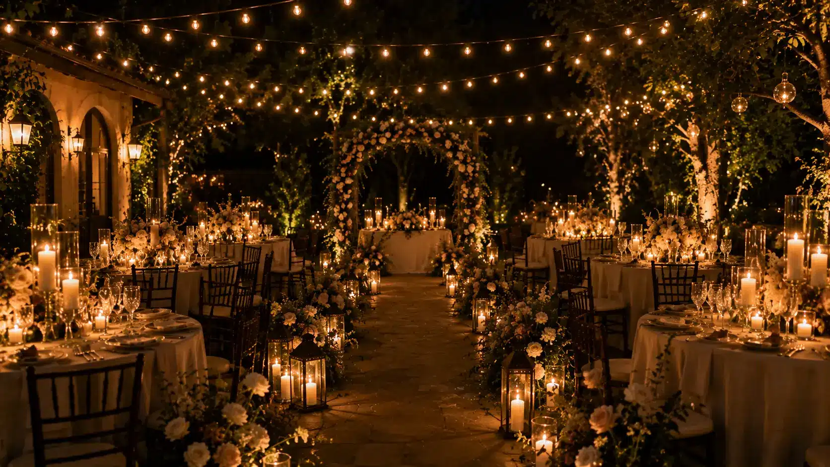 night courtyard outdoor wedding with string lights, floral arch, tables with candles and flowers, outdoor wedding ideas