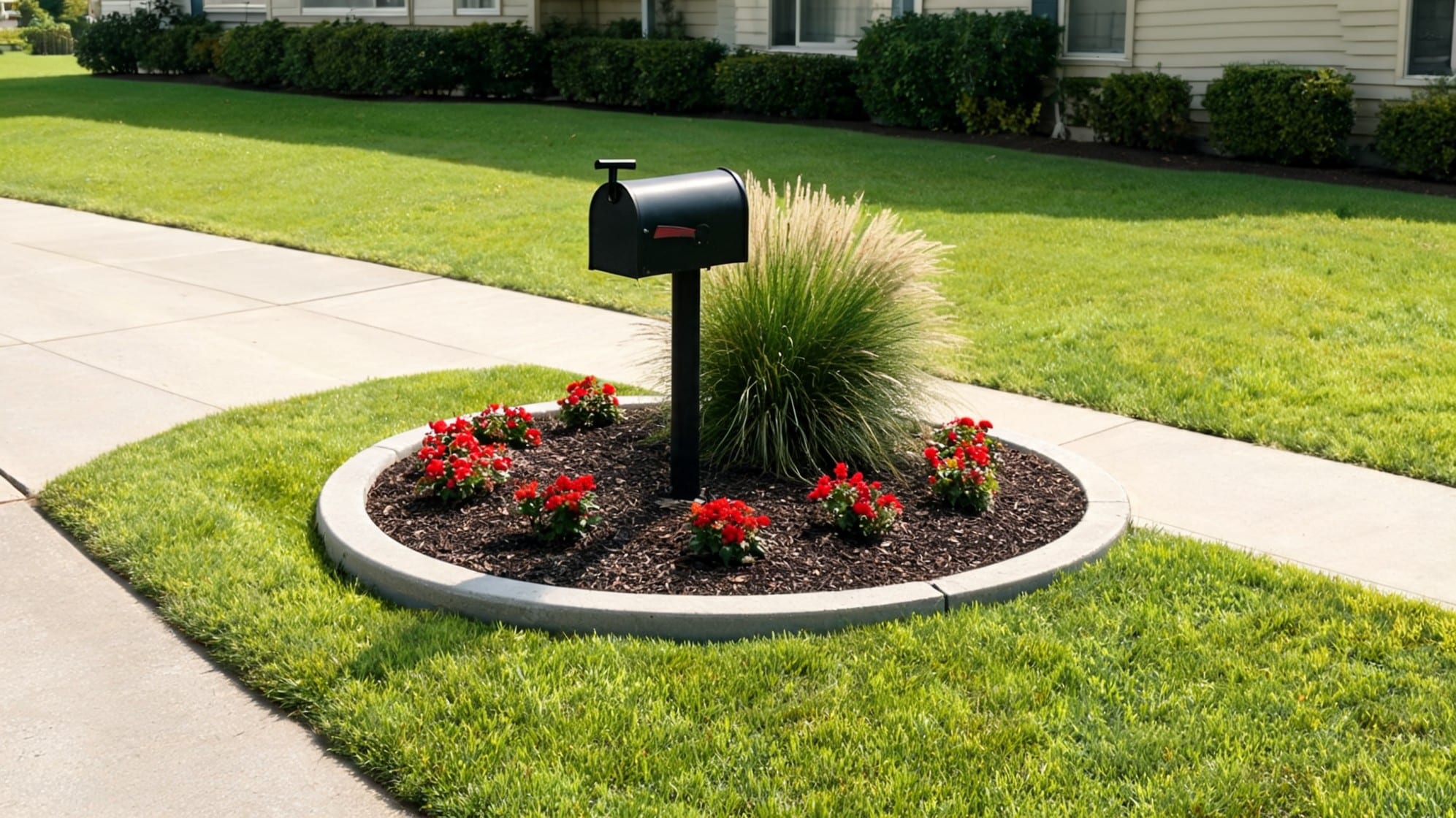 front lawn ideas with no mow mailbox bed red flowers mulch edging and tall grass beside a front sidewalk