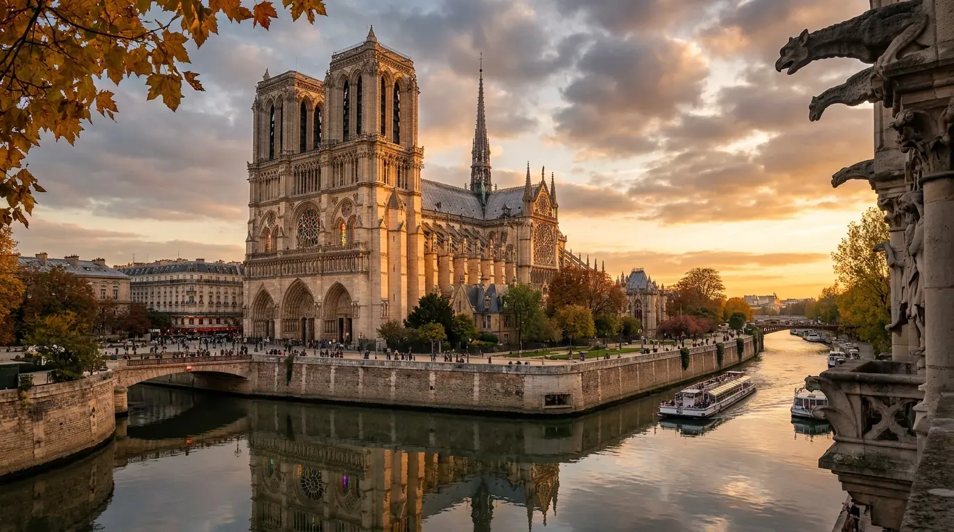 notre dame de paris gothic cathedral with twin towers rose windows and glowing stained glass