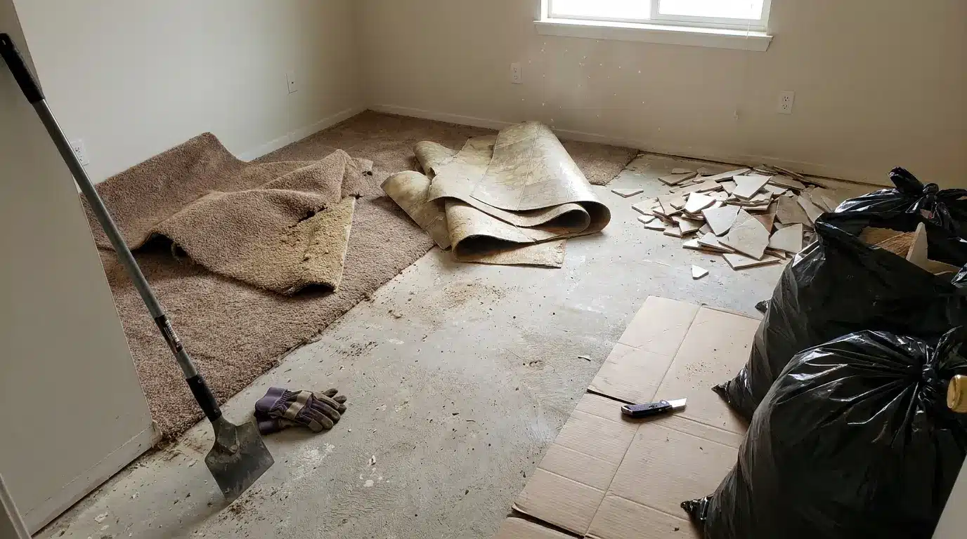 old carpet, vinyl, and tile removal with tools and debris before new laminate flooring installation