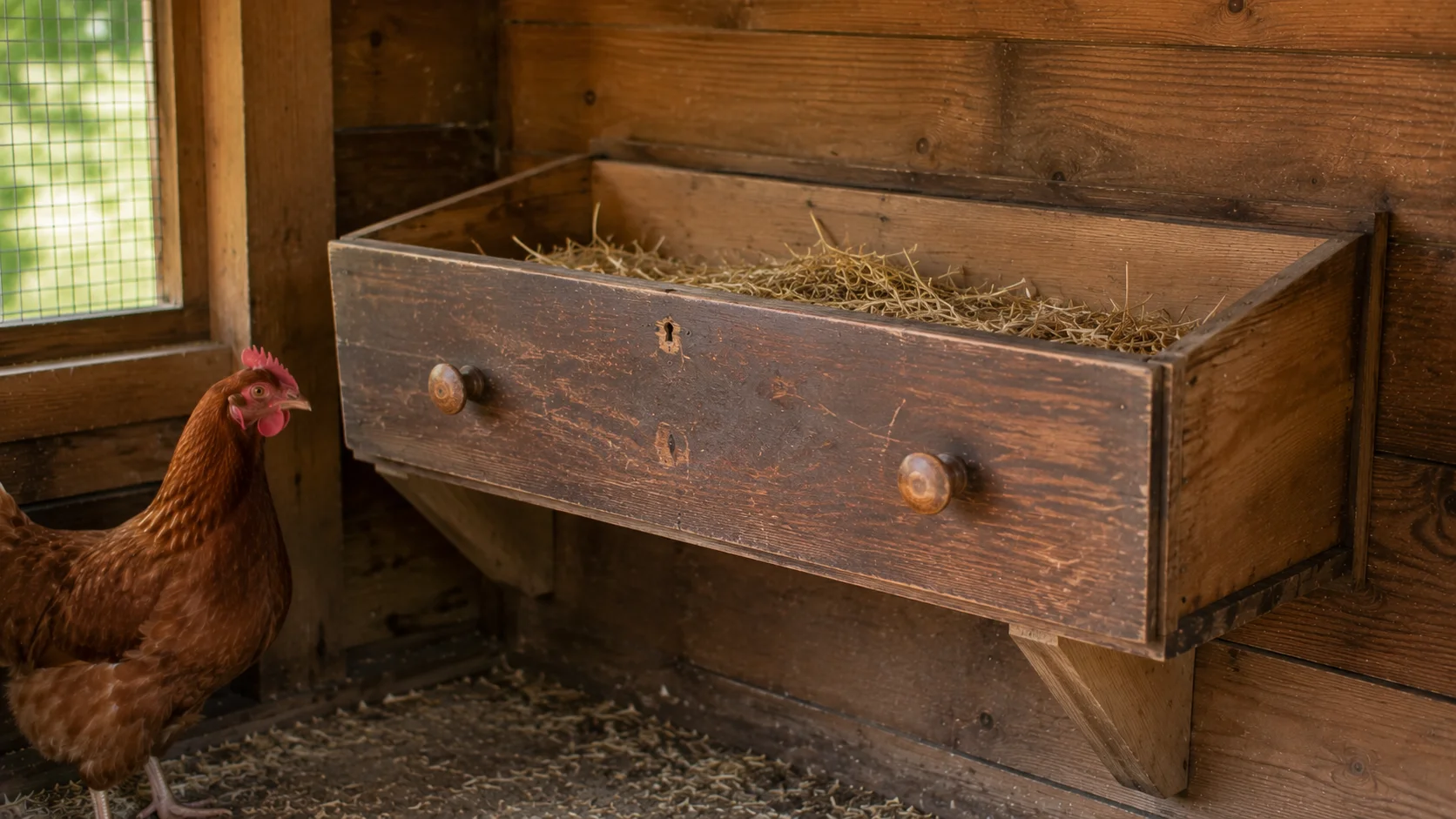 old dresser drawer reused as a nesting box for laying hens inside a chicken coop