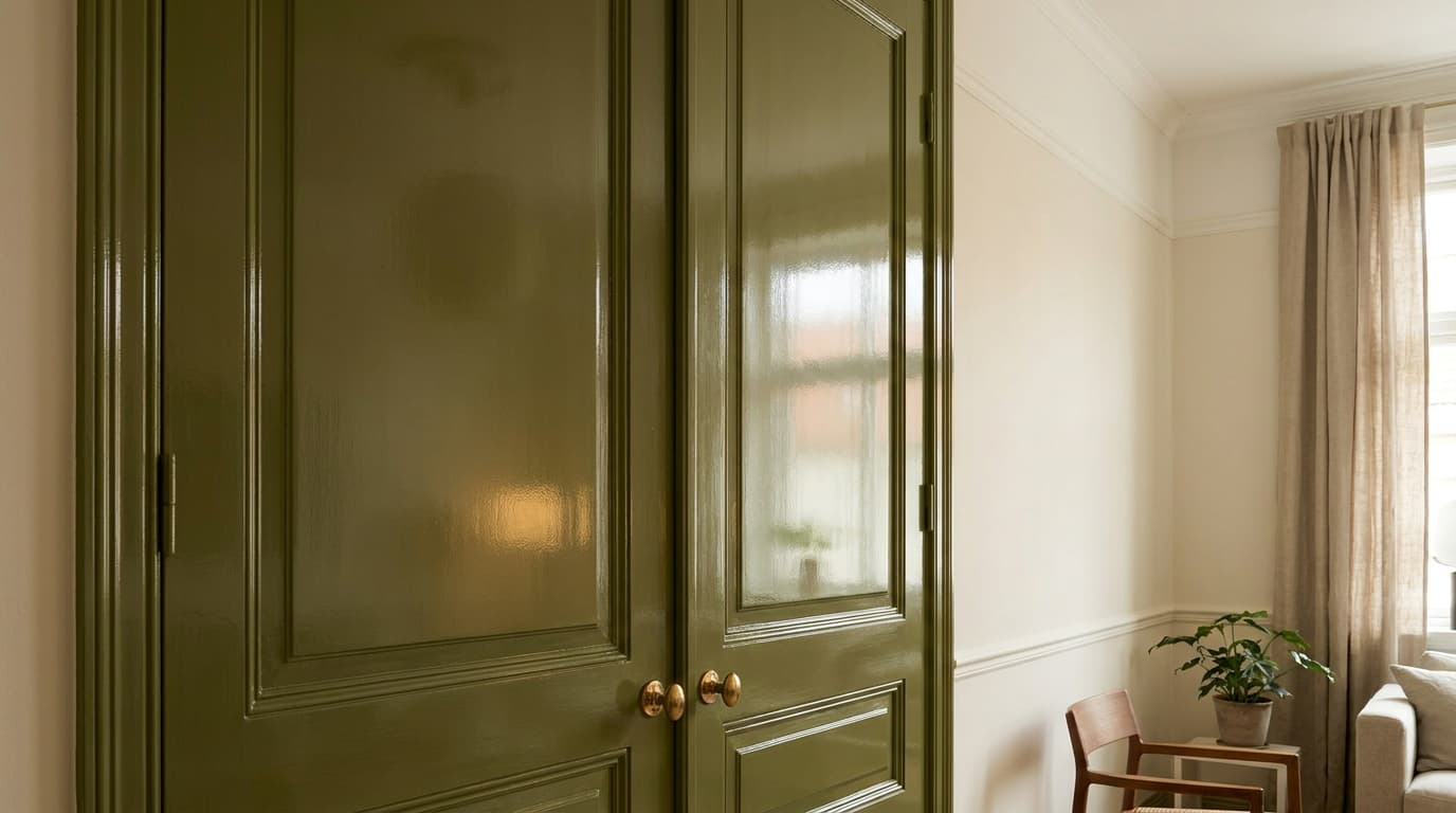 olive semigloss trim doors and cabinets beside a soft low sheen wall in warm light