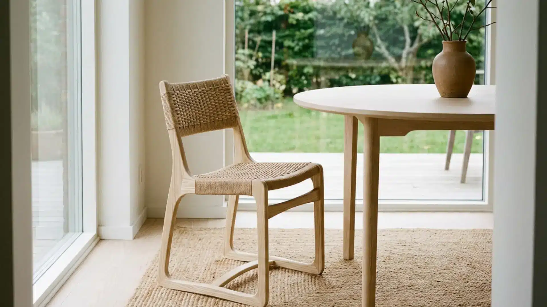 open back modern dining chair in airy minimalist space with light wood and contemporary design style