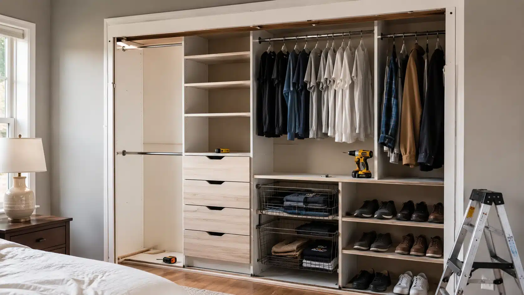 open closet for diy home projects, with shelves, drawers, hanging rods, wire baskets, shoes, tools, and ladder nearby