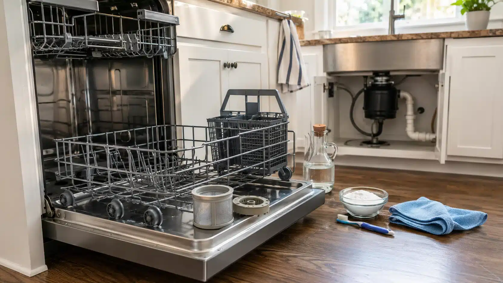 open dishwasher and disposal cleaning setup with vinegar, baking soda, cloth, and toothbrush for diy home projects