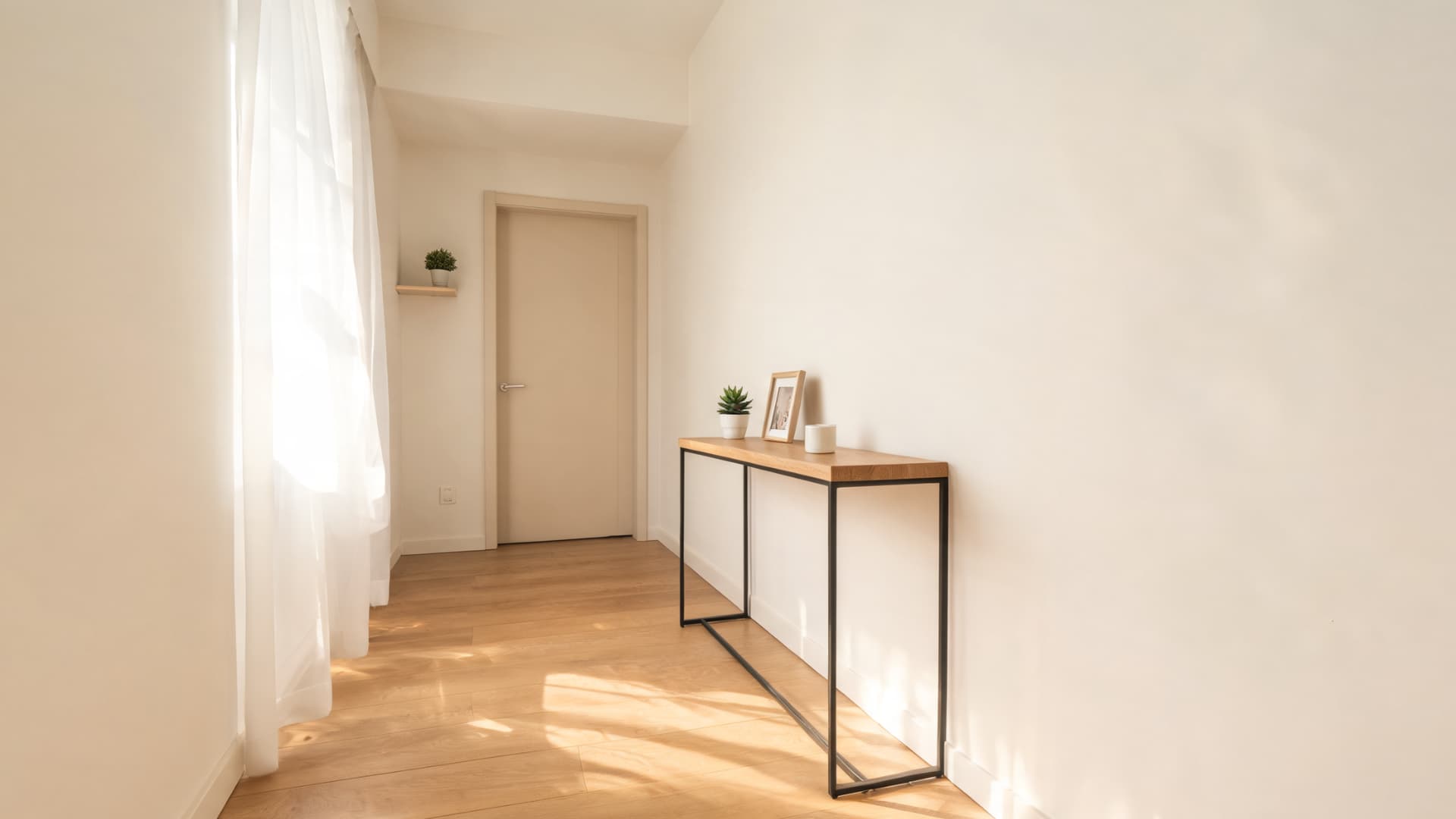 slim open-frame console table with wood top, black metal legs, and soft sunlight in a small hallway