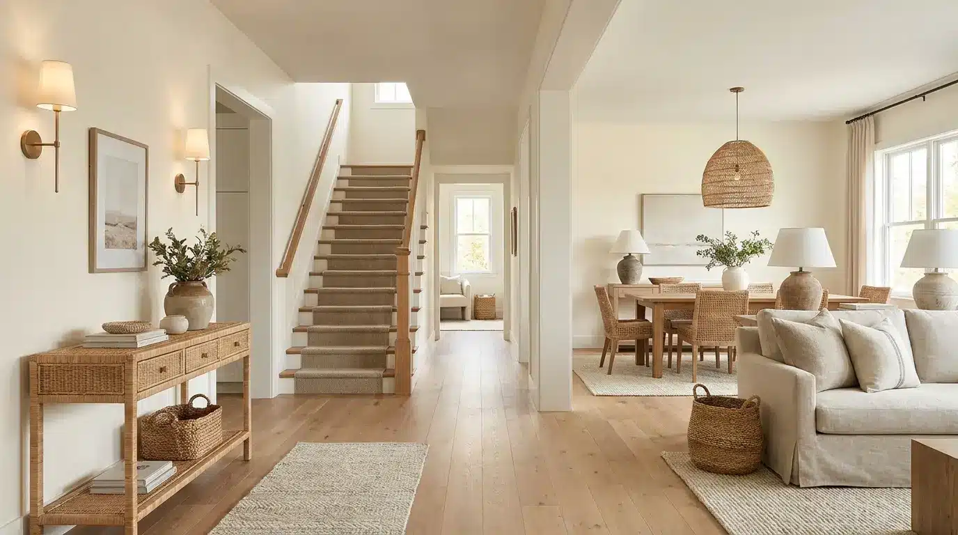 Open hallway with White Duck walls, warm wood floors and neutral decor