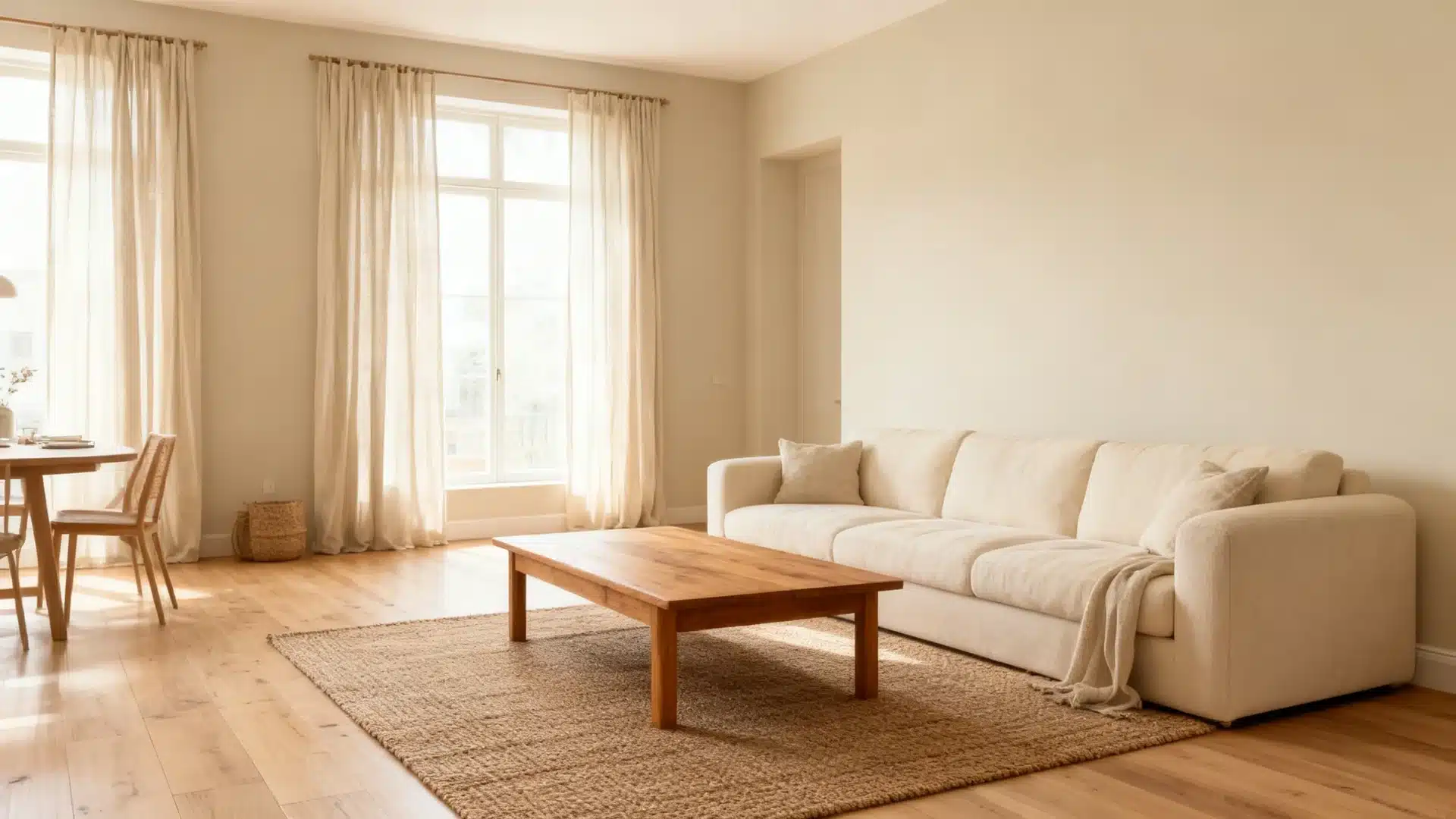 open living and dining space with natural linen walls, cream sofa, light wood floors, and soft daylight