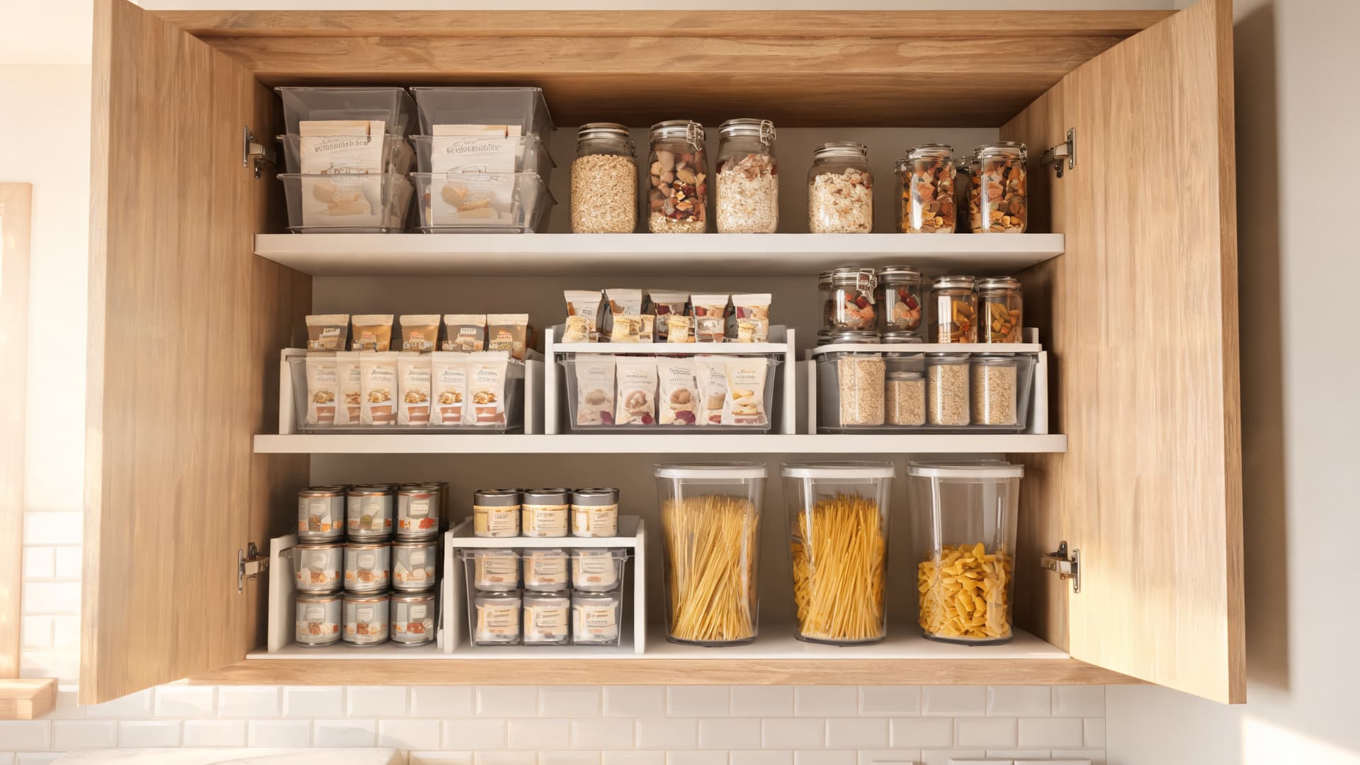 open wooden pantry cabinet with clear bins glass jars canned goods pasta snacks and dry food storage