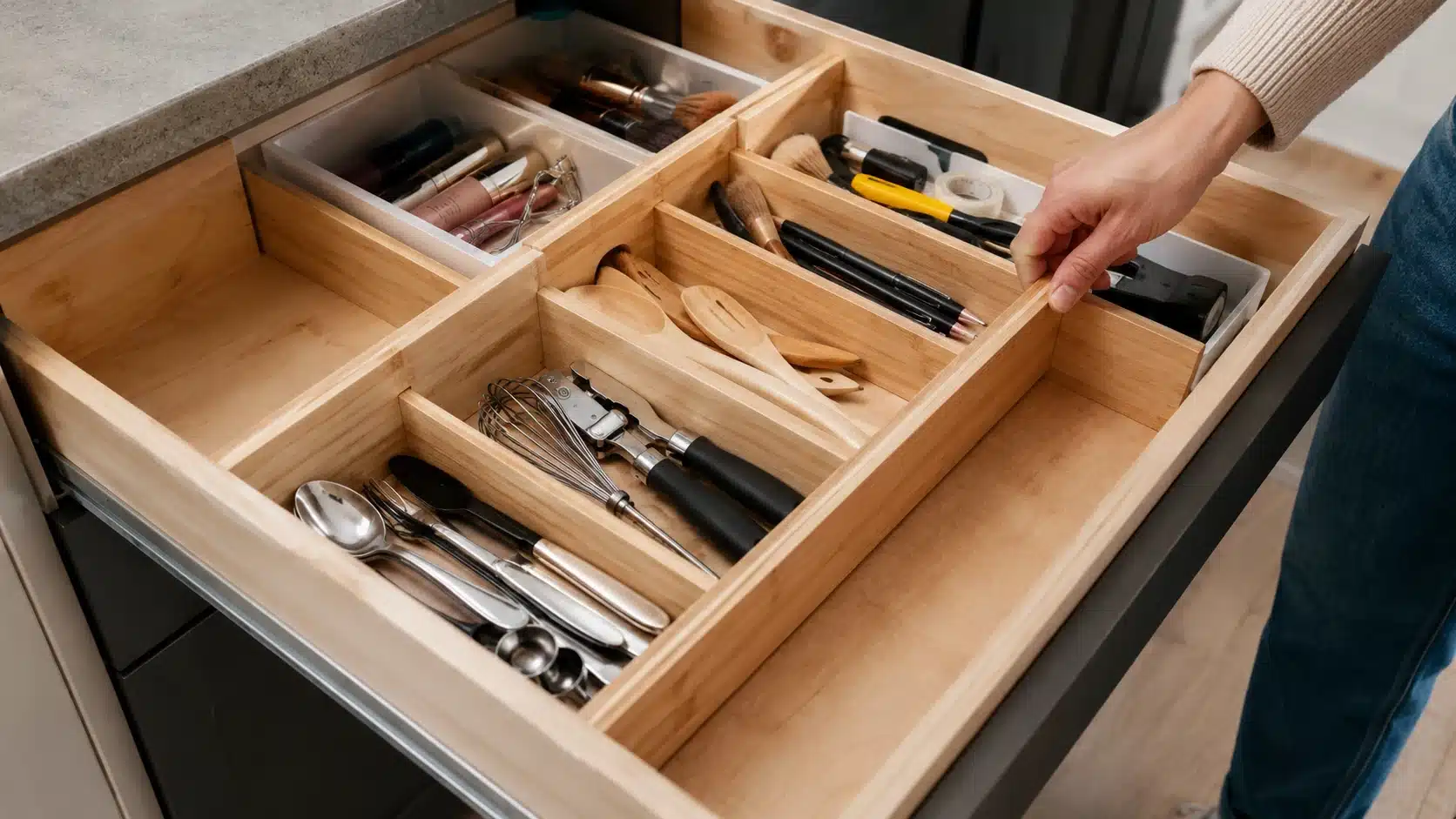 organized kitchen drawer with wooden dividers and utensils, a simple diy home projects idea for better storage