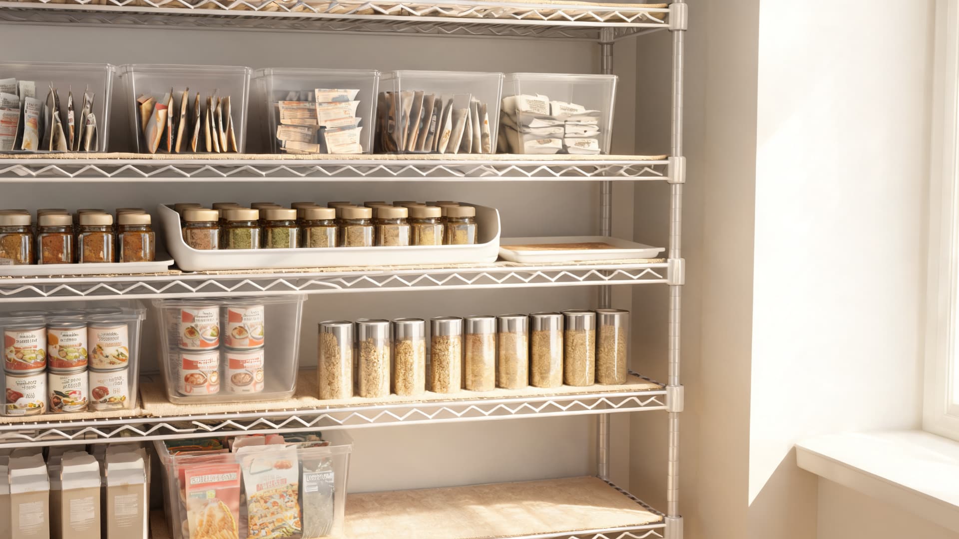 organized pantry wire shelves with clear bins spice jars canned goods boxed foods and dry storage containers