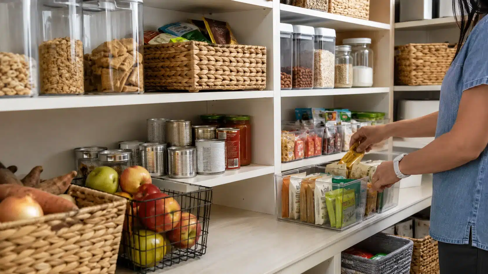 organized pantry zones with clear containers, baskets, grains, and snacks, showing diy home projects for storage ideas
