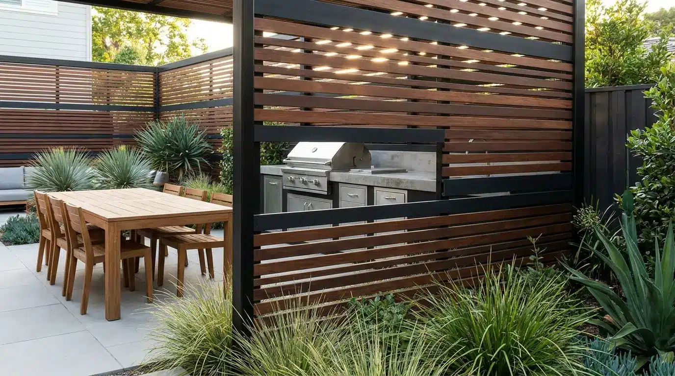 outdoor kitchen hidden behind slatted privacy screen with modern patio dining and soft planting nearby