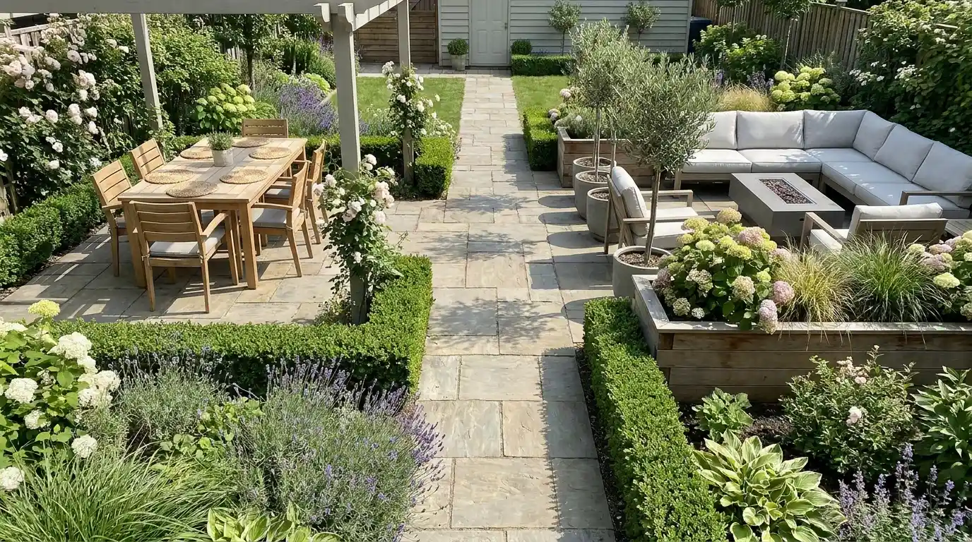 outdoor room garden divided into dining seating and planting areas
