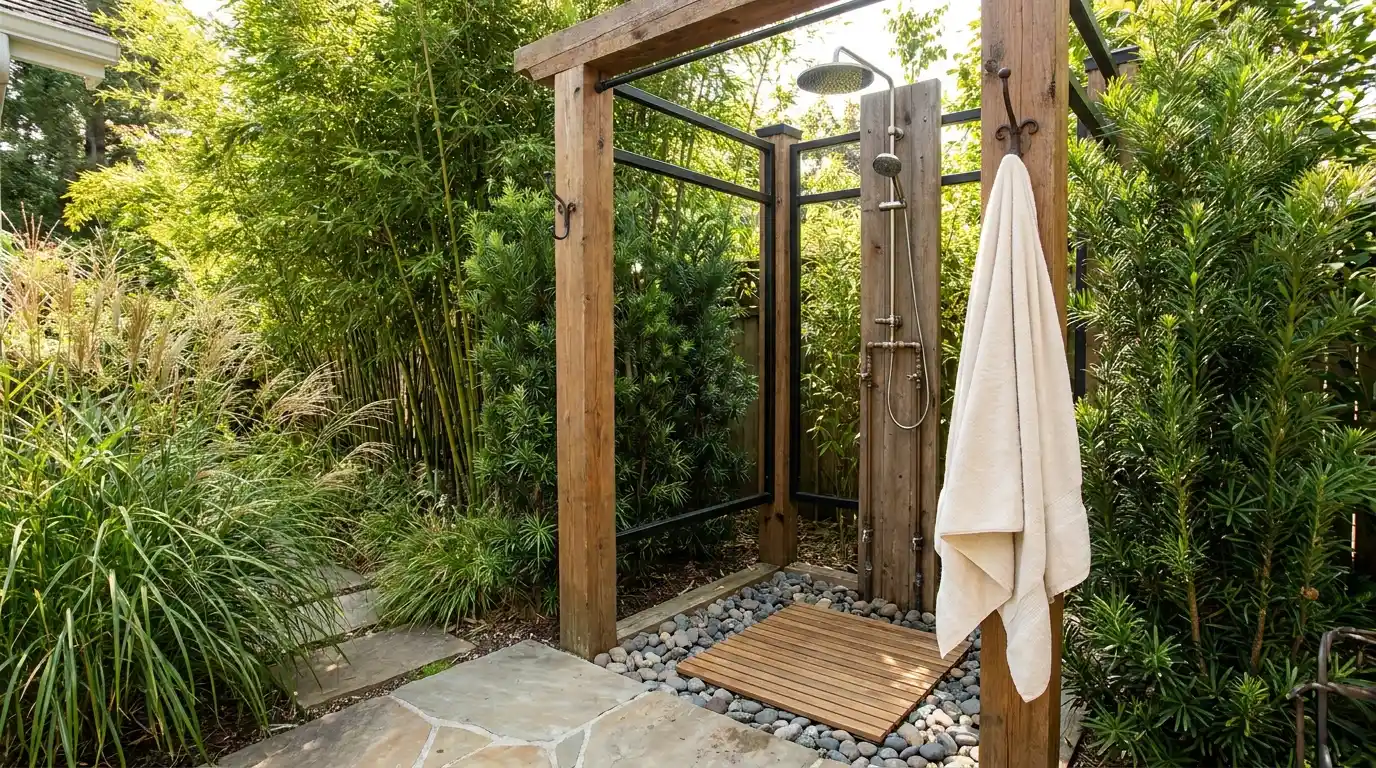 outdoor shower framed by privacy planting, tall grasses, clean paving, and a resort-style feel near pool