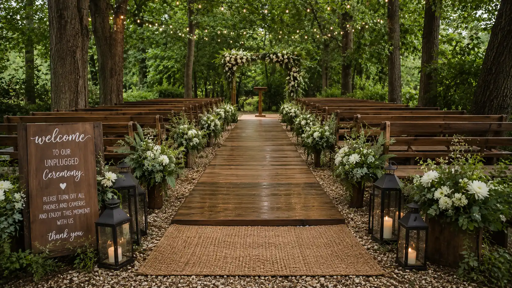 outdoor wedding aisle with wooden benches, white flowers, lanterns, greenery, and string lights, outdoor wedding ideas