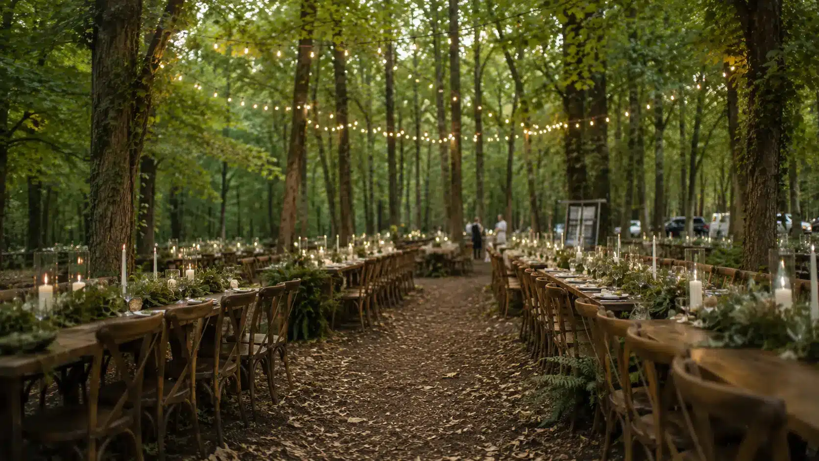 outdoor wedding ideas in forest with banquet tables, string lights, candles, wooden chairs, woodland reception