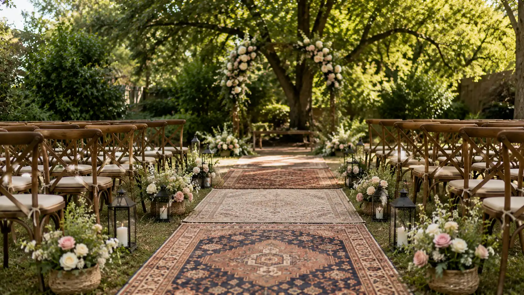 outdoor wedding ideas with a rug-lined garden aisle, wooden chairs, soft flowers, lanterns, and a ceremony backdrop