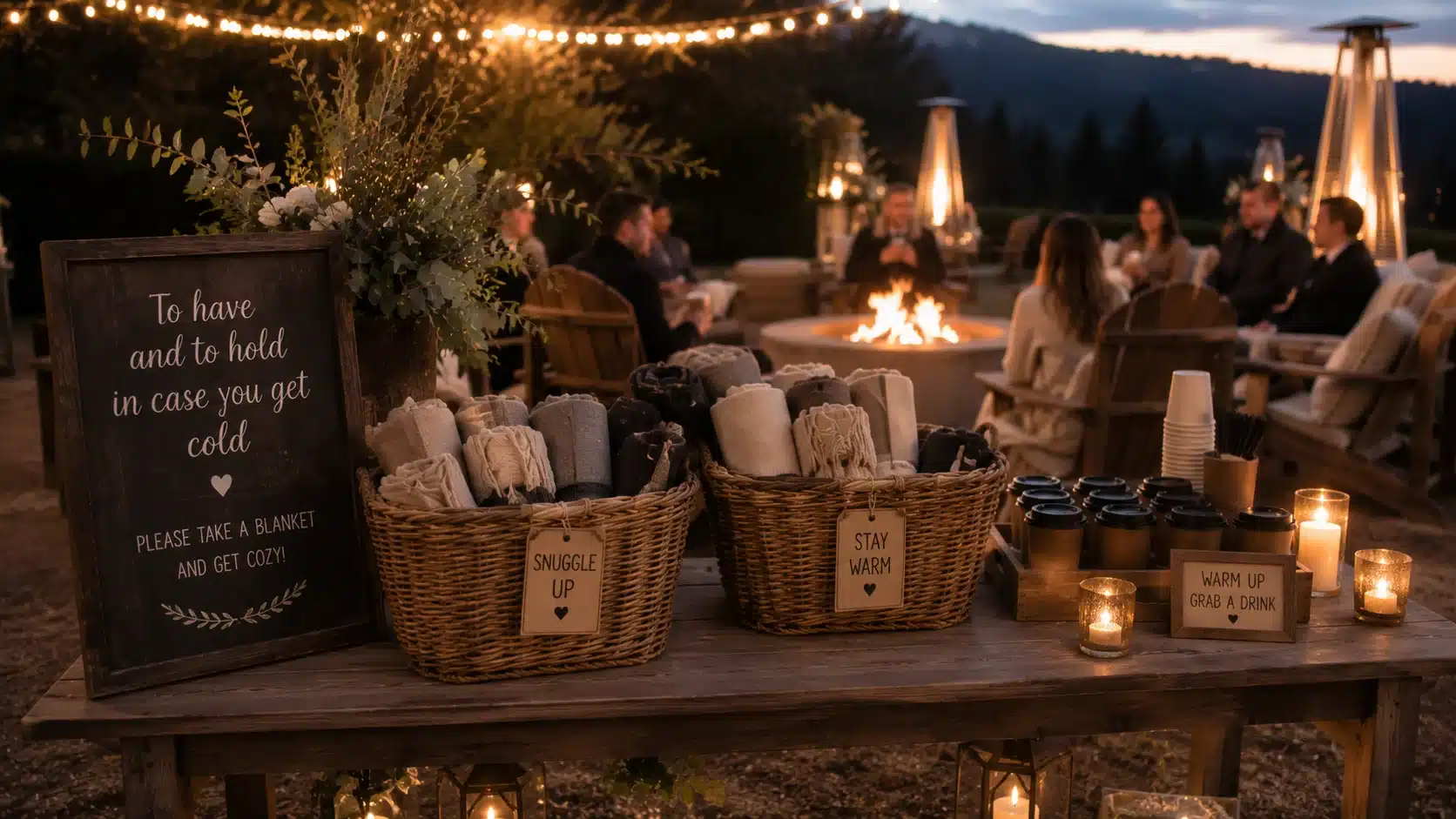 outdoor wedding ideas with cozy blankets, warm drinks, candlelight, string lights, a fire pit in an evening setting