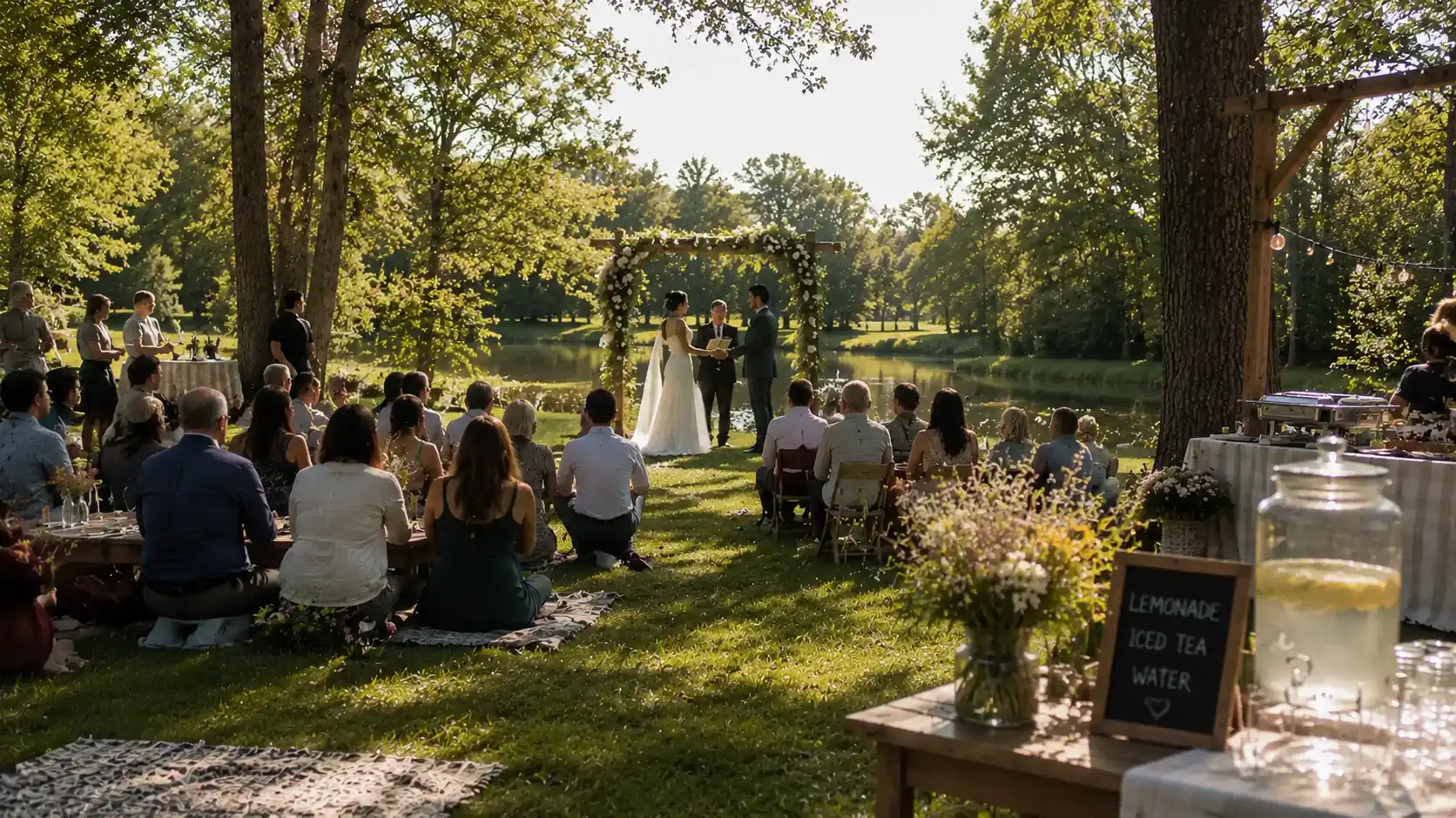 outdoor wedding ideas with lakeside ceremony, bride and groom, floral arch, drink station, and picnic-style blankets