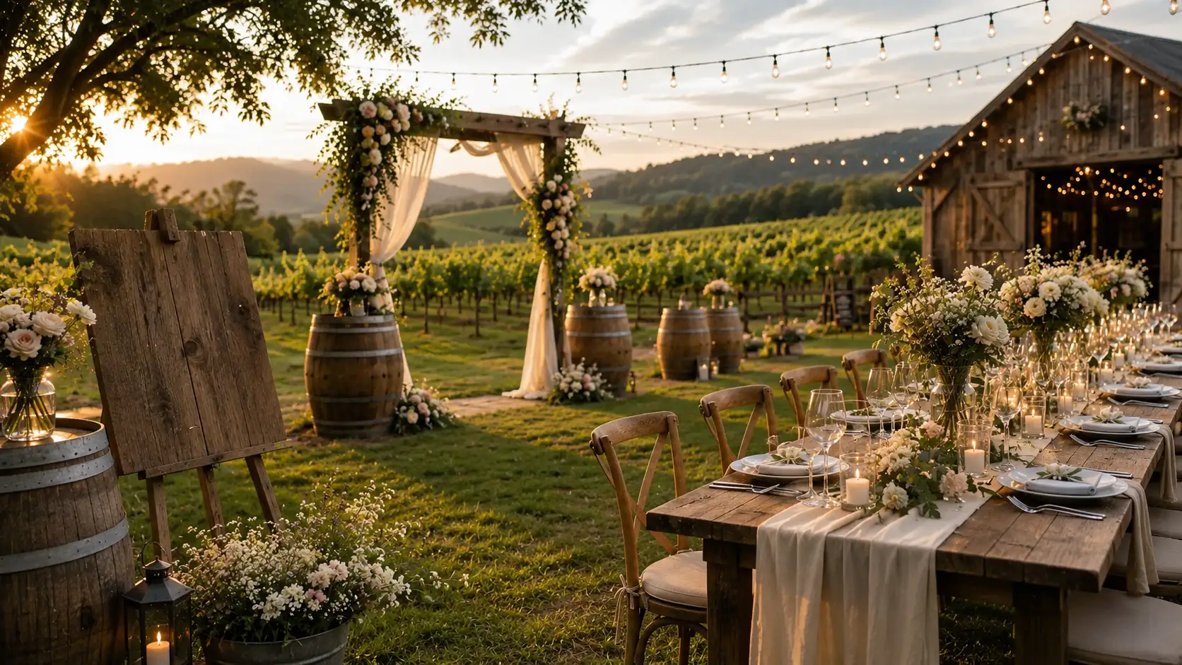outdoor wedding ideas with vineyard ceremony arch, rustic reception table, string lights, florals, wine barrels