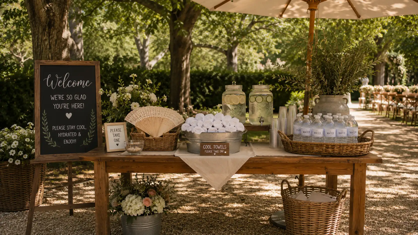 outdoor wedding setup, white flowers, greenery, candles, and a refreshment table, string lights, outdoor wedding ideas