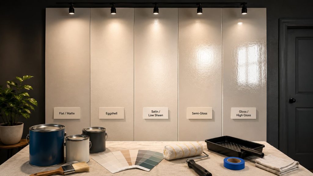 paint cans and sheen samples on a bright table with walls showing matte satin and gloss finishes