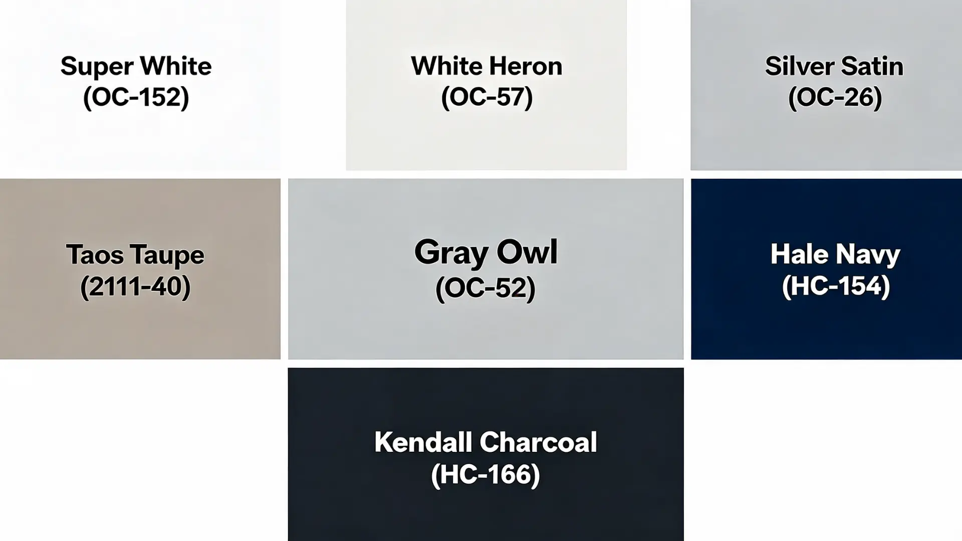 paint color collage Benjamin Moore Gray Owl OC-52 with coordinating colors Super White OC-152, White Heron OC-57, Silver Satin OC-26, Taos Taupe 2111-40, Hale Navy HC-154, and Kendall Charcoal HC-