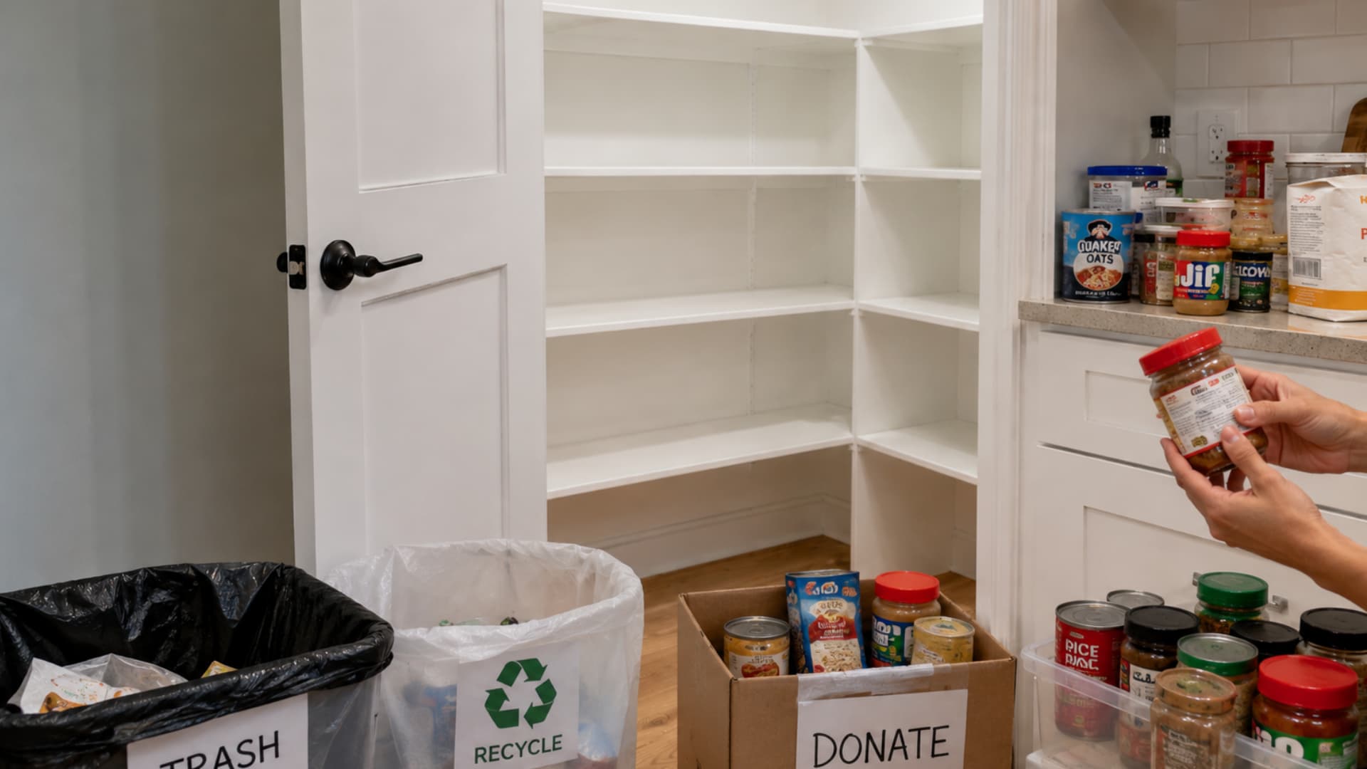 pantry decluttering process sorting each item checking expiry and separating trash recycle and donation bags neatly