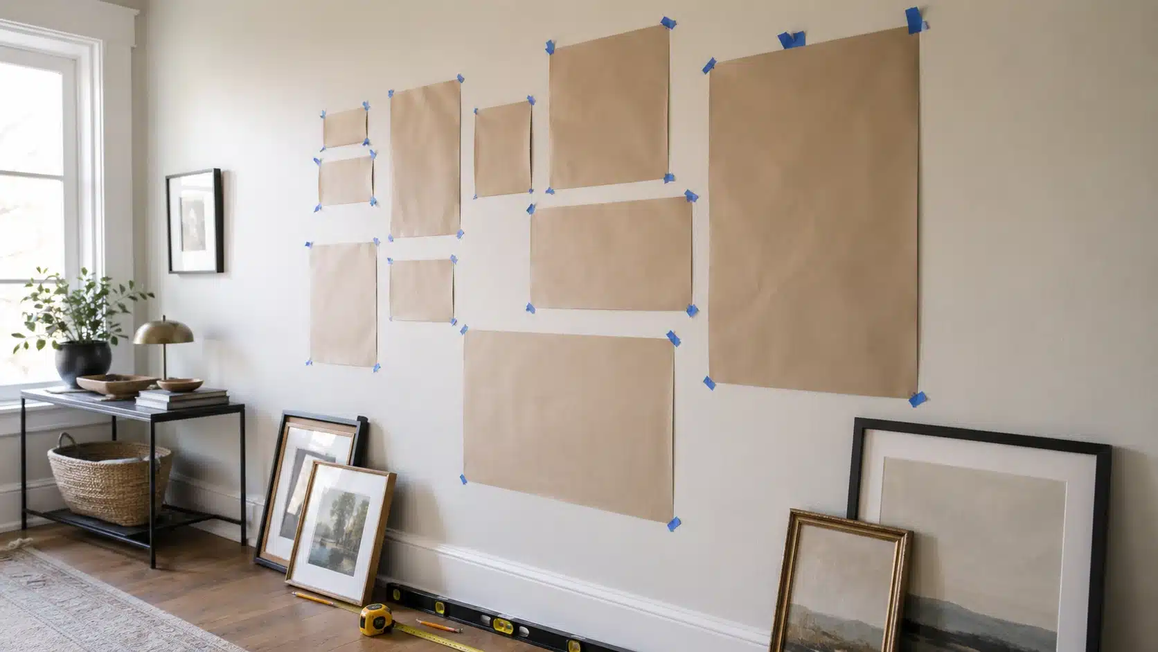 paper templates arranged on a wall for diy home projects, planning a framed gallery layout with tape and tools