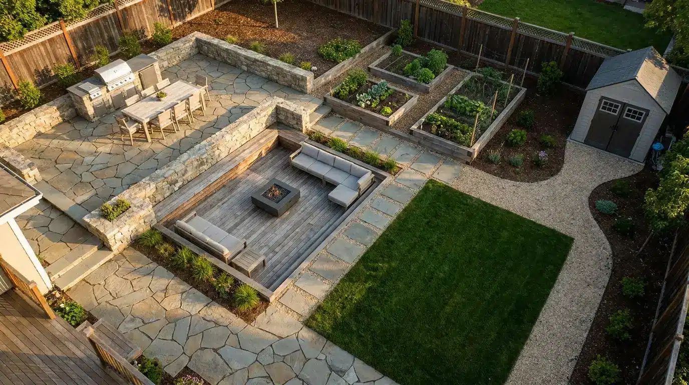 patio edges, walls, and garden borders divide the yard into clear, useful outdoor zones with better flow
