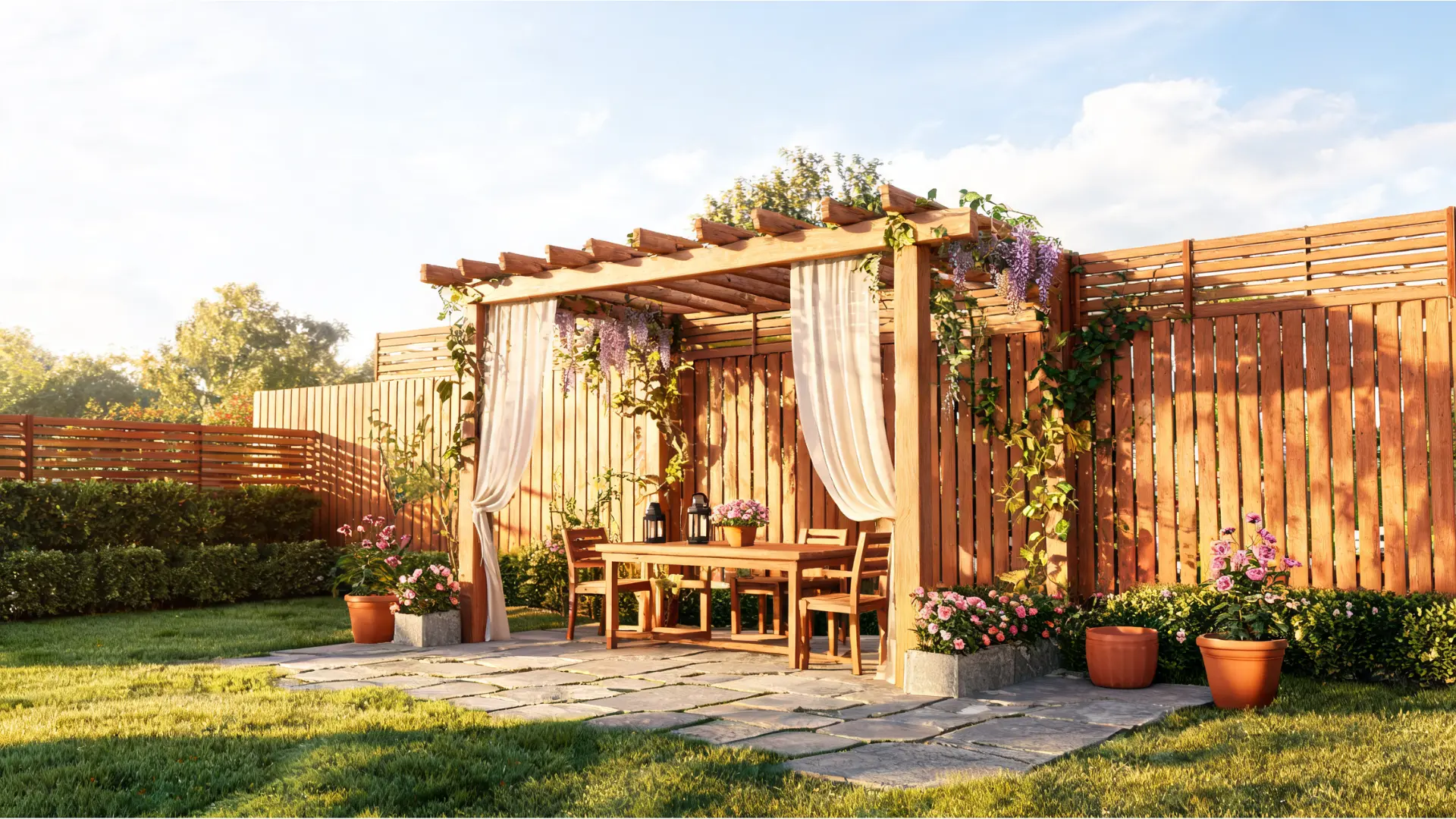 pergola and fence combination with matching wood, climbing plants, and a cozy shaded patio lounge