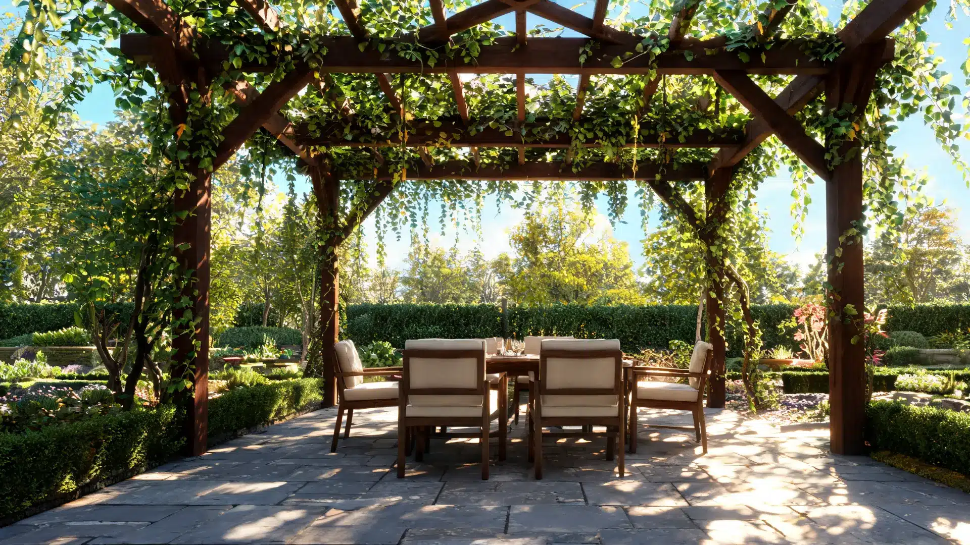 pergola-covered seating area with climbing plants and shaded outdoor dining space