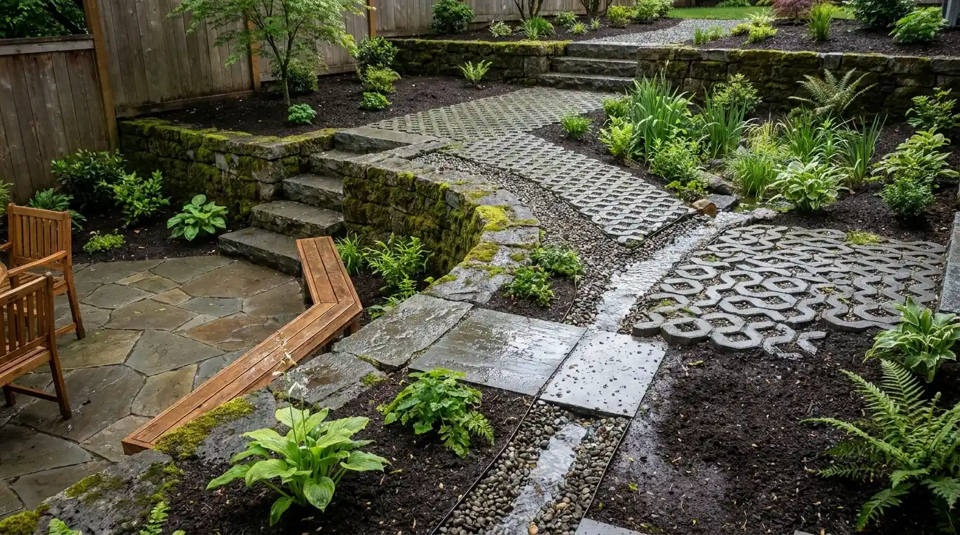 permeable pavers, gravel, and terraced walls help manage rainwater and reduce muddy yard areas after storms