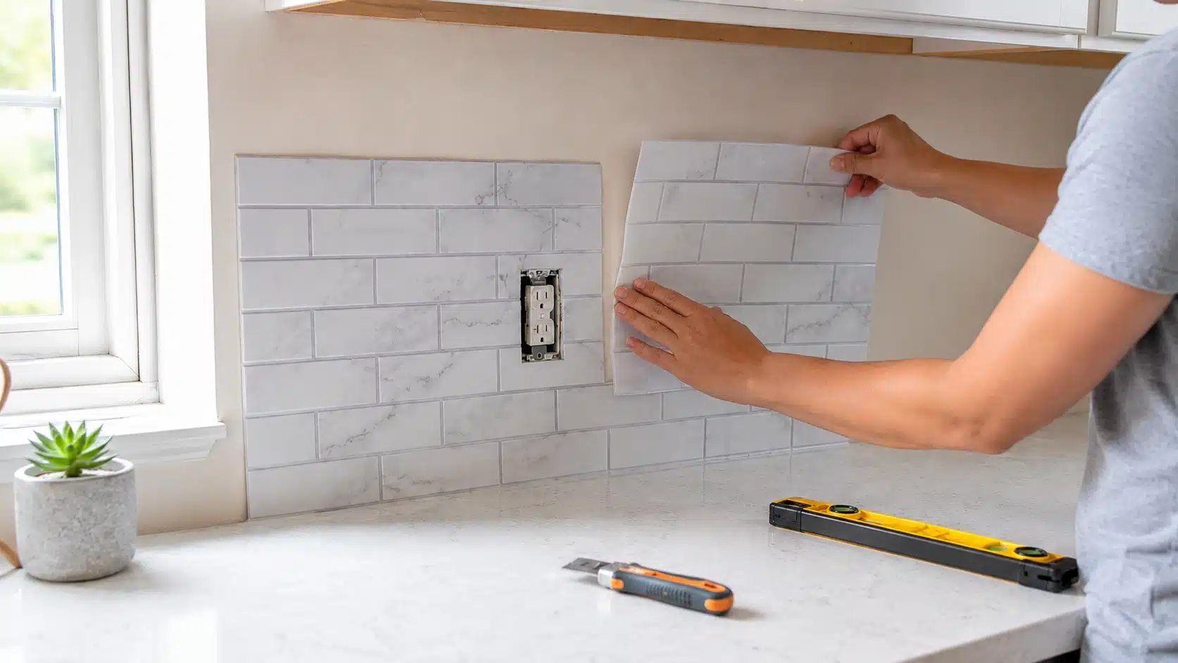 person applying peel-and-stick backsplash tiles for diy home projects, with level, utility knife, and a outlet