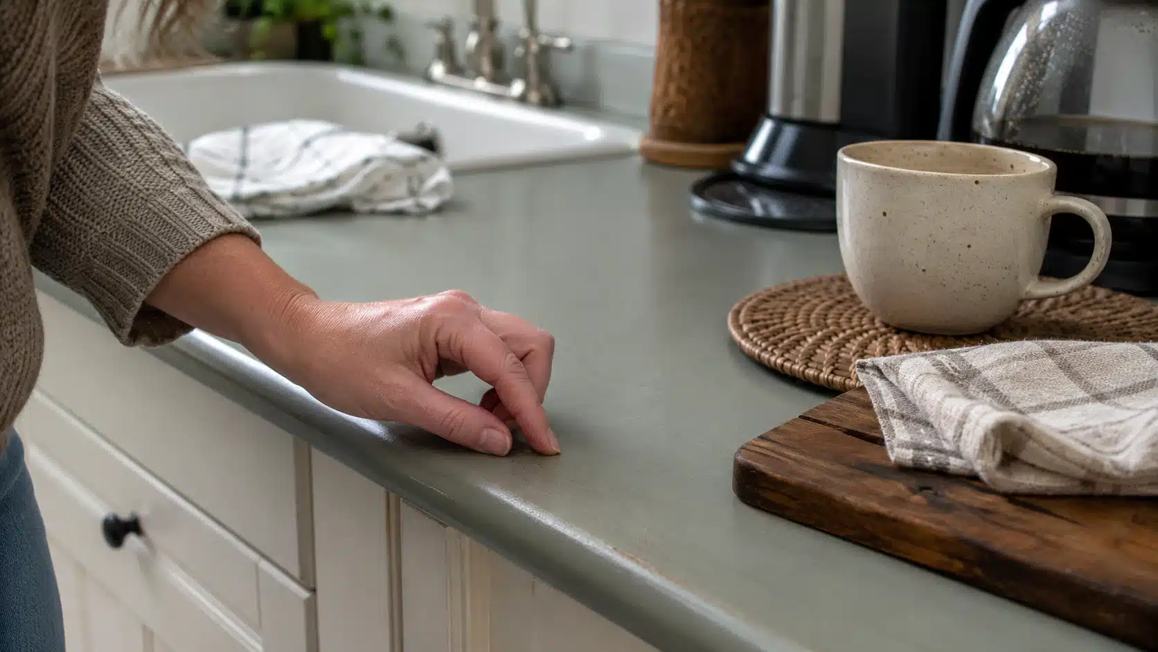 Person checking painted granite countertop edge for wear near the sink